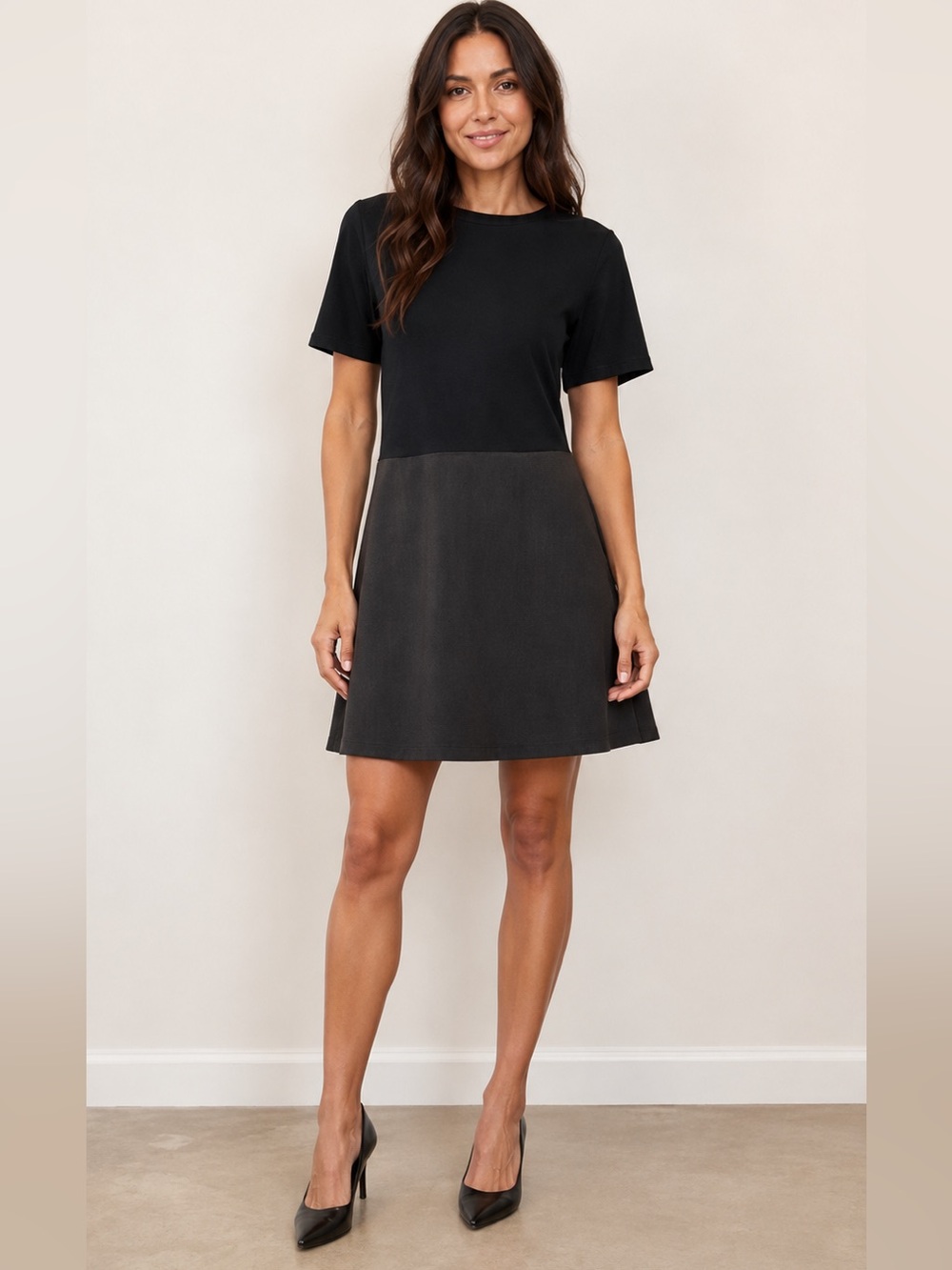 Theory Black Short Sleeve Mixed-Media Mini Dress NWT Size Large